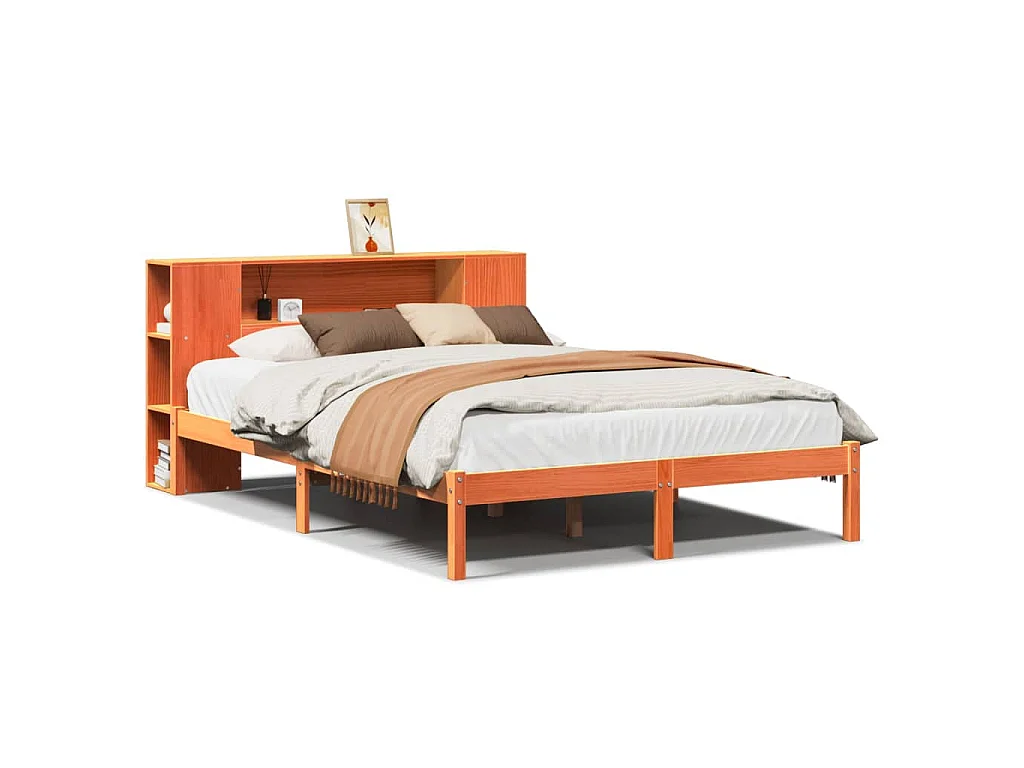 Bed met boekenkast zonder matras grenenhout wasbruin 140x190 cm