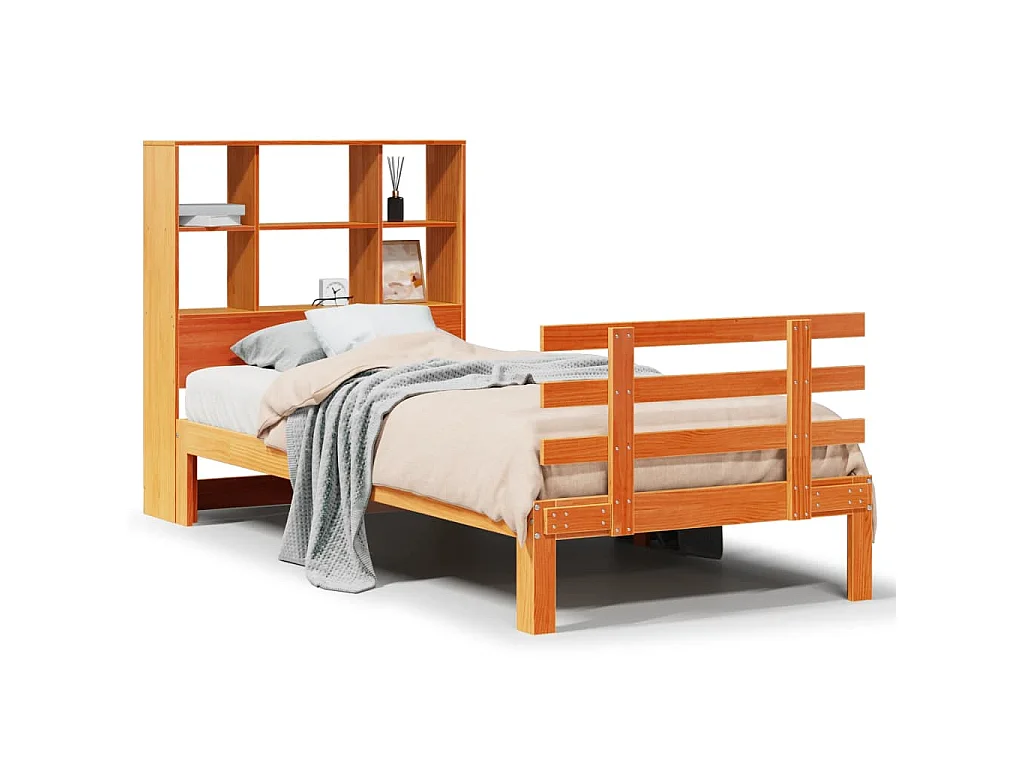 Bed met boekenkast zonder matras grenenhout wasbruin 100x200 cm