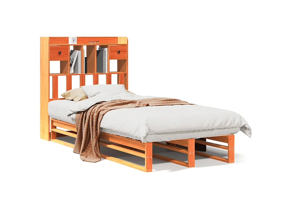 Bed met boekenkast zonder matras grenenhout wasbruin 100x200 cm
