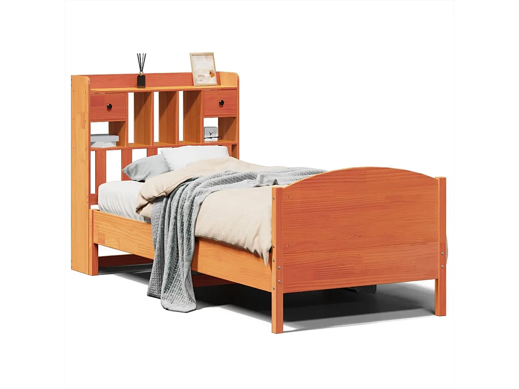 Bed met boekenkast zonder matras grenenhout wasbruin 100x200 cm