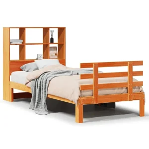 Bed met boekenkast zonder matras grenenhout wasbruin 75×190 cm