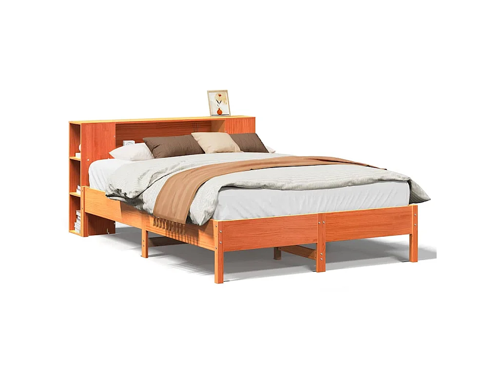 Bed met boekenkast zonder matras grenenhout wasbruin 135x190 cm