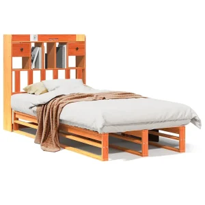 Bed met boekenkast zonder matras grenenhout wasbruin 75×190 cm