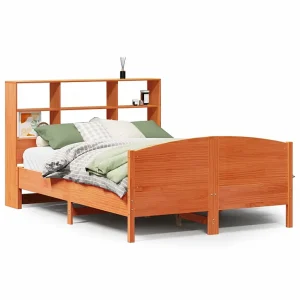 Bed met boekenkast zonder matras grenenhout wasbruin 150×200 cm