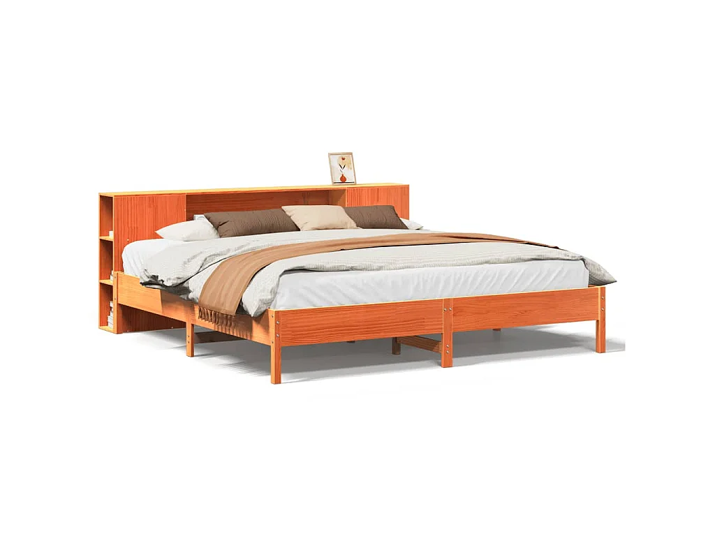 Bed met boekenkast zonder matras grenenhout wasbruin 200x200 cm
