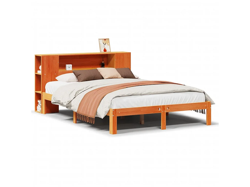 Bed met boekenkast zonder matras grenenhout wasbruin 135x190 cm