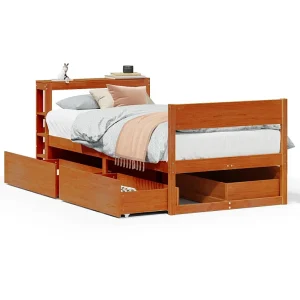 Bedframe zonder matras massief grenenhout wasbruin 75×190 cm