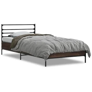 Bedframe bewerkt hout en metaal bruin eikenkleurig 100×200 cm Bedframe bewerkt hout en metaal bruin eikenkleurig 100×200 cm