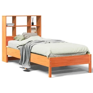 Bed met boekenkast zonder matras grenenhout wasbruin 75×190 cm