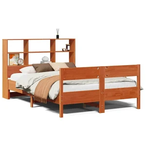 Bed met boekenkast zonder matras grenenhout wasbruin 135×190 cm