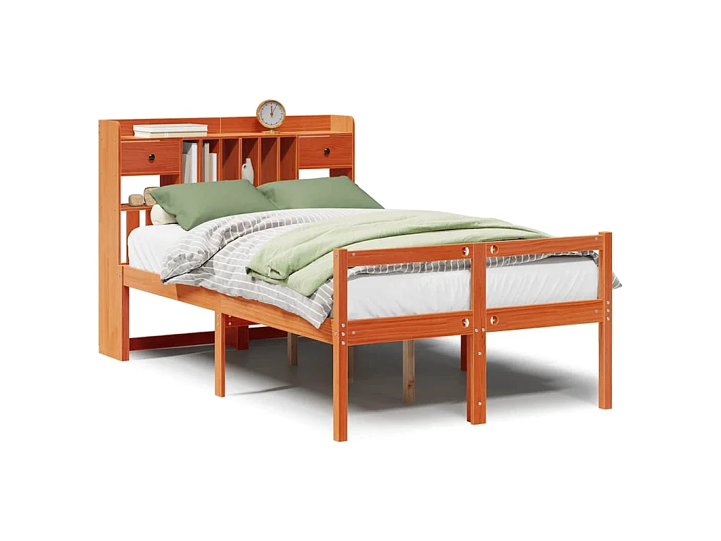Bed met boekenkast zonder matras grenenhout wasbruin 135x190 cm