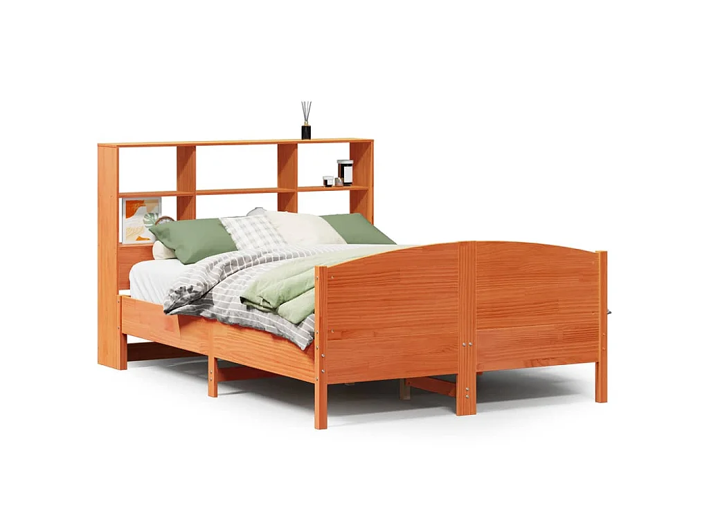 Bed met boekenkast zonder matras grenenhout wasbruin 135x190 cm
