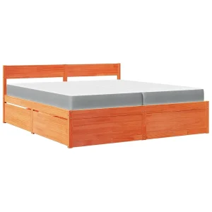Bed met lades en matras massief grenenhout wasbruin 200×200 cm Bed met lades en matras massief grenenhout wasbruin 200×200 cm