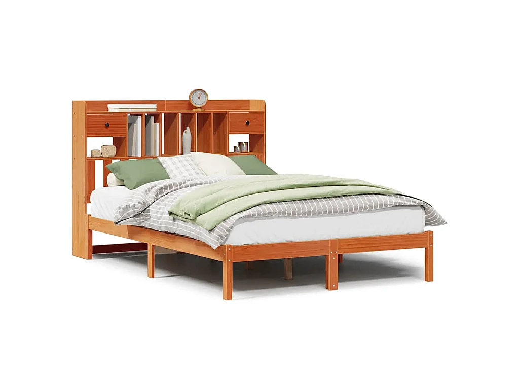 Bed met boekenkast zonder matras grenenhout wasbruin 140x190 cm