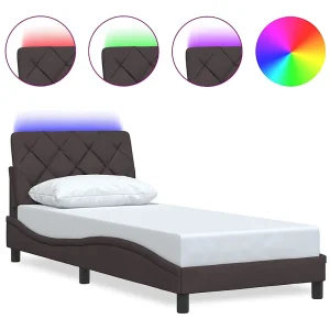 Bedframe met LED zonder matras 90×200 cm stof donkerbruin Bedframe met LED zonder matras 90×200 cm stof donkerbruin