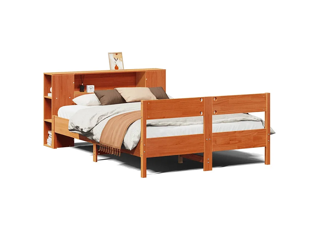 Bed met boekenkast zonder matras grenenhout wasbruin 150x200 cm