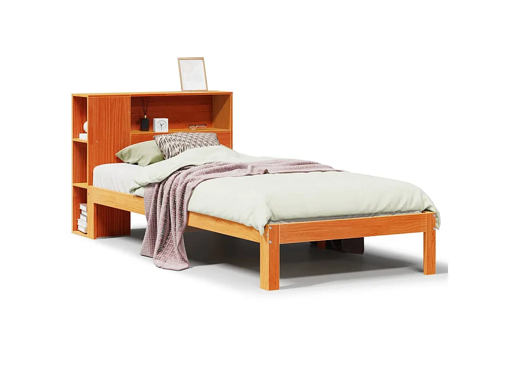 Bed met boekenkast zonder matras grenenhout wasbruin 100x200 cm
