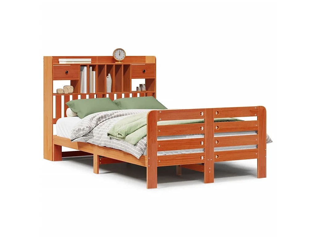 Bed met boekenkast zonder matras grenenhout wasbruin 135x190 cm