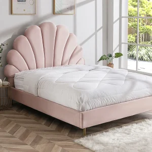 Bed met hoofdeinde in schelpvorm – 160 x 200 cm – Met roze fluwelen bekleding – LIVAYA Bed met hoofdeinde in schelpvorm – 160 x 200 cm – Met roze fluwelen bekleding – LIVAYA