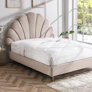 Bed met hoofdeinde in schelpvorm – 160 x 200 cm – Met beige fluwelen bekleding – LIVAYA! Bed met hoofdeinde in schelpvorm – 160 x 200 cm – Met beige fluwelen bekleding – LIVAYA!